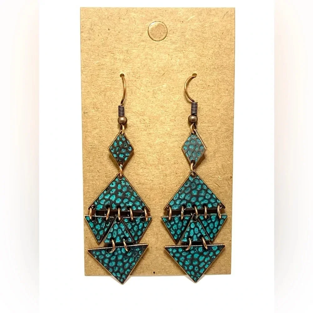 NEW! Geometric Antiqued Copper Earrings with Patina Finish. - Picture 2 of 5